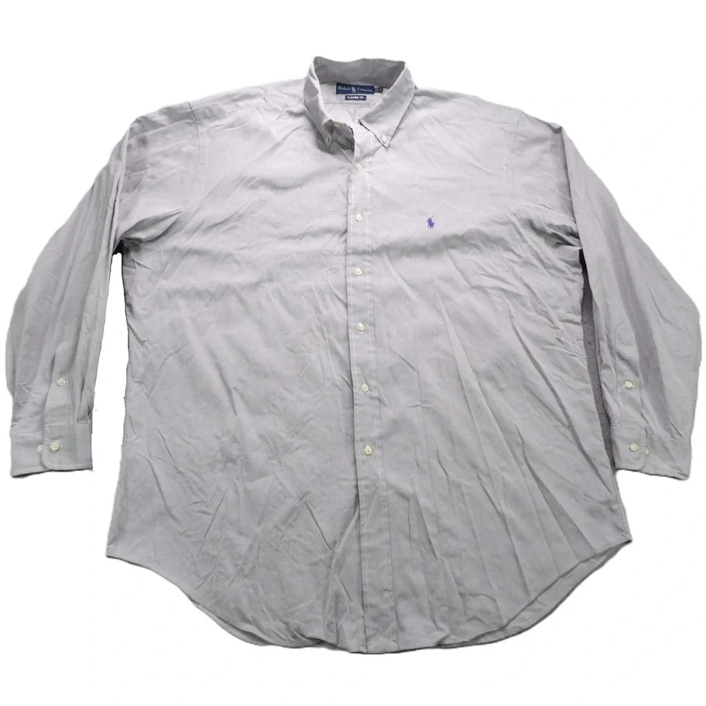 Polo Ralph Lauren Dress Shirt Men Size 17 34-35 Classic Fit Gray Purple Pony EUC
